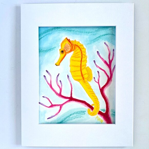 Yellow Seahorse Underwater Original Painting Acrylic Wall Art 11x14in Matted - Picture 8 of 10